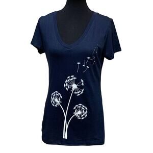 New Hand Printed Large Make A Wish Dandelion Short Sleeve PolyCotton VNeck Tee
